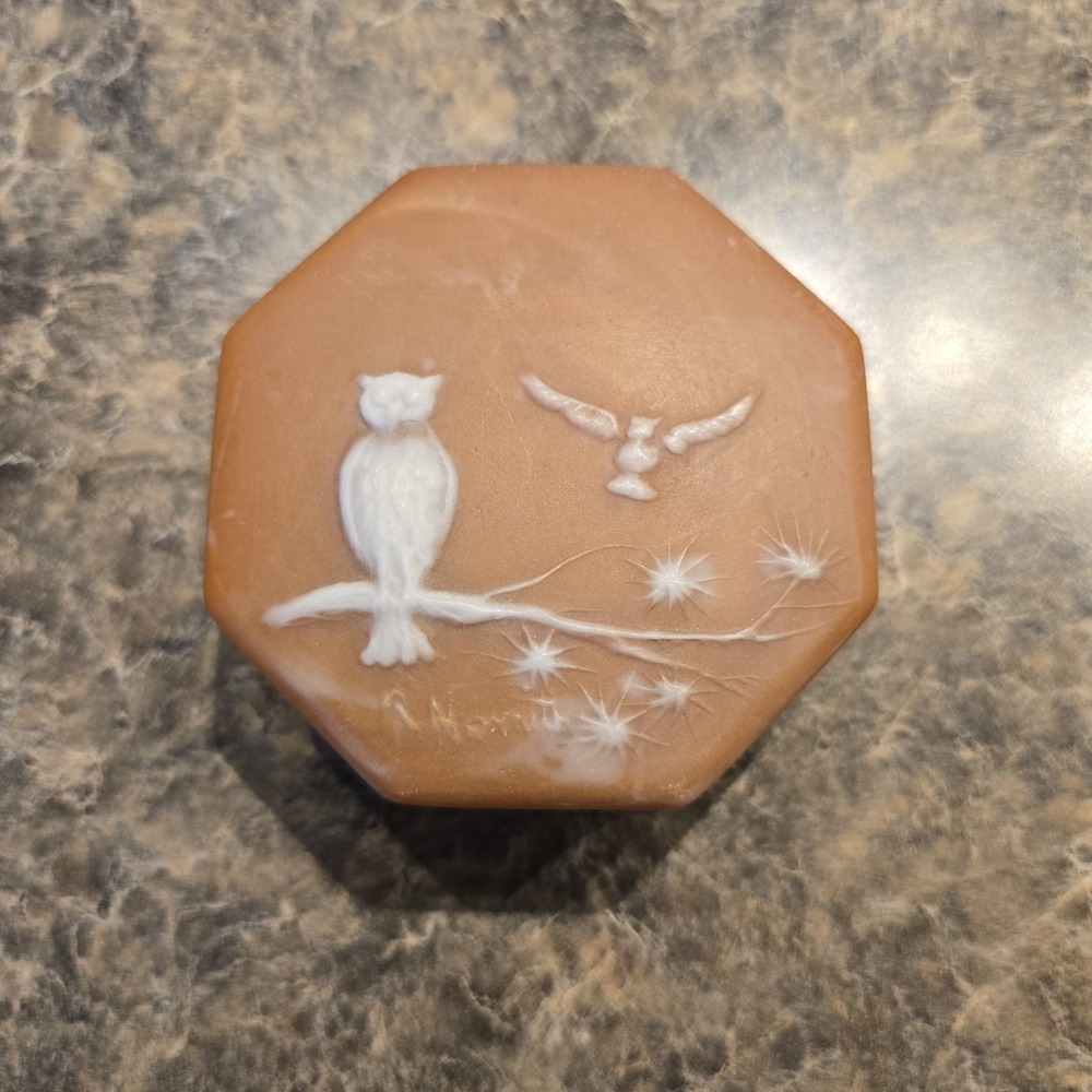 CARVED INCOLAY STONE TRINKET BOX OWL PINK